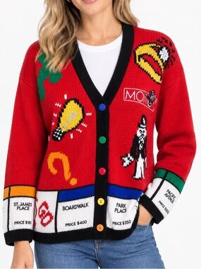 The Eagle's Eye Women Size S Vintage Red Monopoly Cardigan Sweater Board Game